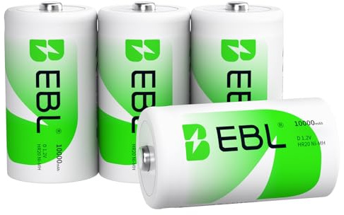 EBL D Akku 10000mAh, Wiederaufladbare D Zelle NI-MH Batterie 4 Stück mit Aufbewahrungsbox, Mono D Akku