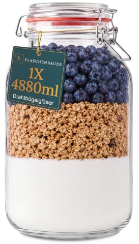 Flaschenbauer - Drahtbügelgläser 1x 4880ml - Einmachgläser mit Bügelverschluss inkl. Etiketten - Vorratsglas, Bügelglas, Drahtbügelglas mit Dichtungsringen, Aufbewahrungsglas - Made in Germany