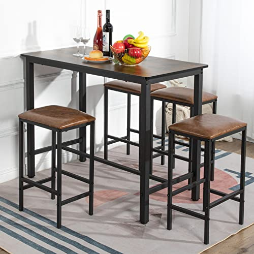 buybyroom Bartisch-Set, Stehtisch mit 4 Barhocker,Esstisch mit 4 Stühlen, Küchentisch im Industrie-Design,für Küche Esszimmer Wohnzimmer,Vintagebraun-schwarz