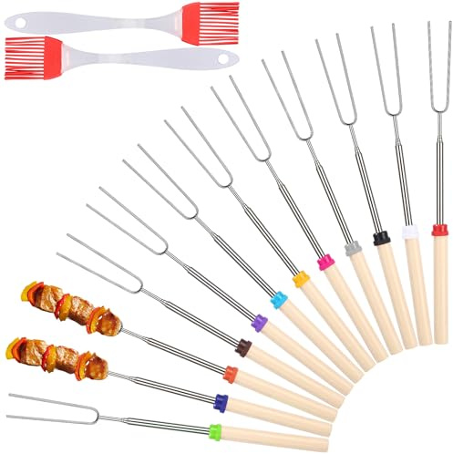 Teleskop Grillspieße Edelstahl 12 Stück, Grillbesteck für Camping Grill | Stöcke Roasting Sticks Schaschlikspieße,Lagerfeuer Grillgabel Ausziehbar Grillstab Stockbrot mit zwei Ölpinseln(31-81cm)