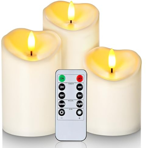 Homemory Wasserdicht Flackernden Flammenlose Kerzen, Outdoor-Batterie Betriebene LED-Säule Kerzen mit Fernbedienung Timer, Elektrische Gefälschte Kunststoff-Kerzen, Elfenbein, 3er-Set