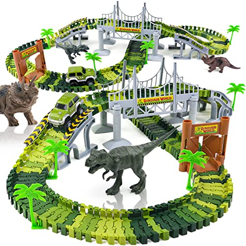 Dinosaurier Spielzeug Autorennbahn Rennbahn Kinder ab 3 4 5 6 Jahre-142 Teile Komplett，Set mit Elektro Auto & Flexiblen Schienen，Geschenk Dino Spielzeug ab 3 4 5 Jahre
