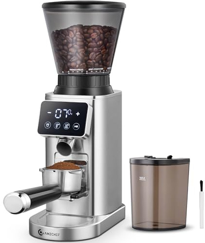 AMZCHEF Kaffeemühle Elektrisch mit 48 Mahlgraden, Antistatik-System, Touchpanel，300g Bohnenbehälter, Edelstahlgehäuse, Kegelmahlwerk für Espresso, Filterkaffee