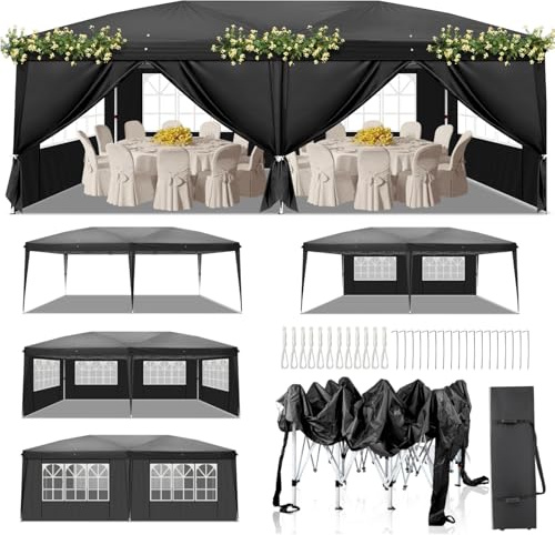 LEADZM Pavillon,Faltpavillon 3x6m,Pop-up,Wasserdicht,Winterfest,Höhenverstellbar,UV Schutz 50+,Gartenzelt,Partyzelt,Stahlrahmen,mit 6 Seitenteilen,für Garten,Party,Camping,Schwarz