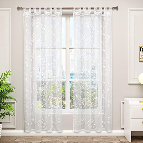 WOLTU Gardinen mit Schlaufen Blumenstickerei halbtransparent 245x140cm Weiß | 2er Set Schlaufenschal und Leinenoptik Vorhänge für Wohnzimmer Schlafzimmer, moderne Stores mit weichem Licht, Länge 245 cm