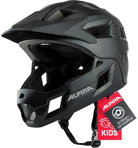 Alpina Rupi - Leichter und Sicherer Fullface-Helm für Kinder und Jugendliche, passend für Mountainbike-Einstieg, Abnehmbarer Kinnbügel, Verstellbare Passform, Optimal Belüftung, Black matt, 50-55 cm