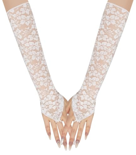 Long Keeper Spitzenhandschuhe Ohne Finger Lange Handschuhe Ellenbogenlang Damen Brauthandschuhe Fingerlose Handschuhe Spitze für Halloween Kostüm Hochzeit (Weiß)