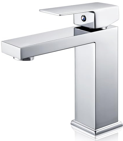 Wasserhahn Bad Waschtischarmatur Chrom, Bad Armatur Mischbatterie Wasserhahn Eckig mit Höhe 164mm, Waschtisch Armatur Einhebelmischer, Wasserhähne Bad Heiß und Kalt Einstellbar, G3/8