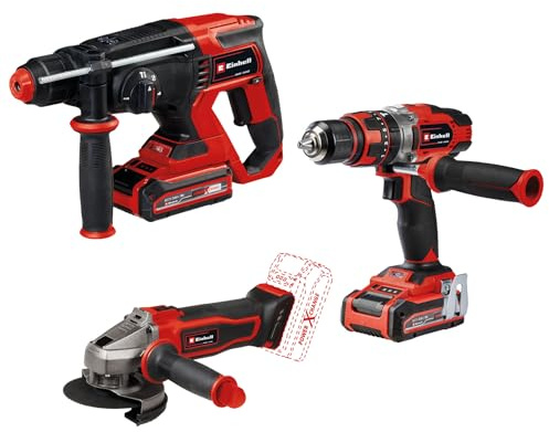 Einhell Power X-Change Akku-Werkzeug-Set: Winkelschleifer, Schlagbohrschrauber, Bohrhammer, 2x 3,0 Ah Akku, Ladegerät