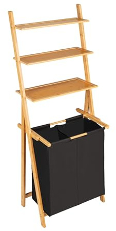 WENKO Leiterregal mit Wäschesammler Ecori, Leiter aus Bambus, Wäschekorb mit 2 Fächern (je ca. 33 L), Textil aus recyceltem Polyester, Schwarz