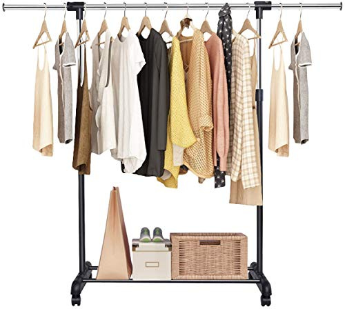 COSTWAY Kleiderständer auf Rollen, Kleiderstange mit Schuhablage, Garderobenwagen höhenverstellbar, Kleiderwagen stabil, Rollgarderobe Ausziehbar (84-140) x 42 x (92-170) cm