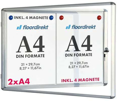 Floordirekt Floodirekt Schaukasten Wand 2 x A4 inkl. Magnete Infokasten Aushang Aushangkasten Magnetische & beschreibbare Rückwand Plakatschaukasten mit Alurahmen & Acrylglas