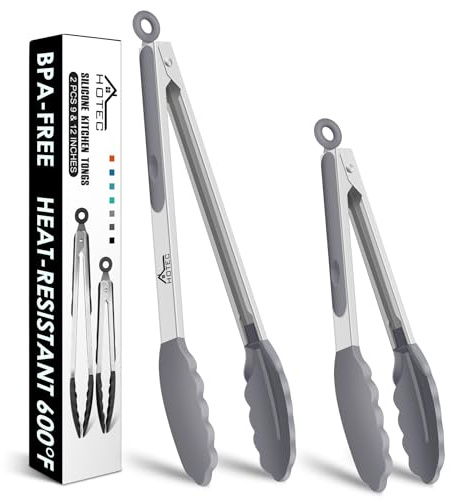 HOTEC Premium-Küchenzange aus Edelstahl, mit Verriegelung, Kochzange mit Silikonspitze, 2er-Set, 22,9 cm und 30,5 cm lange Zangen, Hellgrau