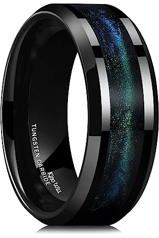 King Will Ehering aus Wolframkarbid für Männer – 8 mm schwarzer, hochglanzpolierter Ehering mit blau-grünem Sand-Inlay für den Alltag, bequemer Sitz für Herren, Größe 69.7 (22.2)