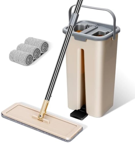 Masthome Wischmopp Set mit 2in1 Putzeimer - Fußpedal Stabil - 3 Mikrofaser Pads - Verstellbarer Griff aus Edelstah - Kompakt & Platzsparend - Flachmopp für Laminat Hartholz Fliesen Hartböden