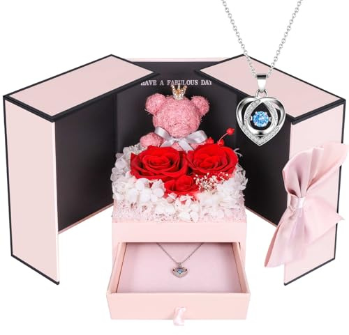ADDWel Ewige Rose mit 925 Sterling Silber Herz Halskette - Echte Konservierte Infinity Rose Box, Romantisches Geschenk für Frauen, Freundin & Mama zum Valentinstag, Weihnachten, Geburtstag & Jahrestag