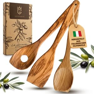 GOLDENBERG® Kochlöffelset Holz | feinstes italienisches Olivenholz | antibakteriell & hitzebeständig | Holzwender zum Braten & als Kochlöffel | ideal für beschichtete Pfannen