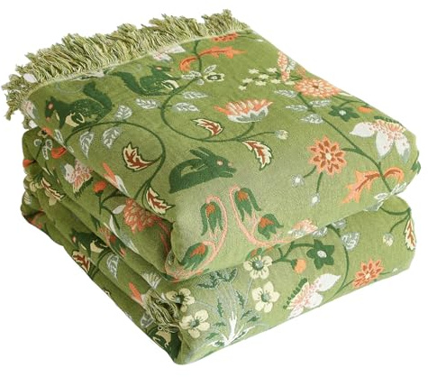 Bailix Premium Boho Tagesdecke 100% Baumwolle Kuscheldecke mit Fransen Doppelseitige Musselin Boho Decke 150x200cm, Kuschelige Sofadecke & Bettüberwurf, Sommedecke für Wohnzimmer Grün