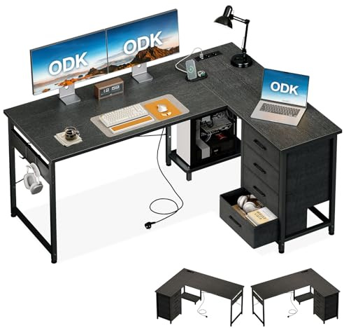 ODK Eckschreibtisch mit 4 Stoff Schubladen, 135×100 cm, Schwarz | L-Förmiger Ecktisch mit Steckdose und Stauraum, Schreibtisch mit CPU-Halterung, Reversibel, für Familienecke & Arbeitszimmer