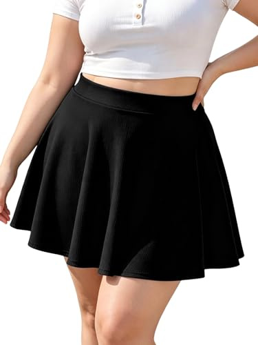 Moon Wood Damen Basic Lässig Mini Skater Rock Kurz Hohe Taille Große Größen | Informell Ausgestellter Minirock Faltenrock Stretch Röcke Mit Breitem Bund Plus Size