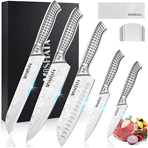 MOSFiATA Küchenmesser Set Edelstahl, 5pcs Küchenmessersets, Kochmesser, Santoku Messer, Utility Messer, Brotmesser, Schälenmesser, mit Fingerschutz und Geschenkbox