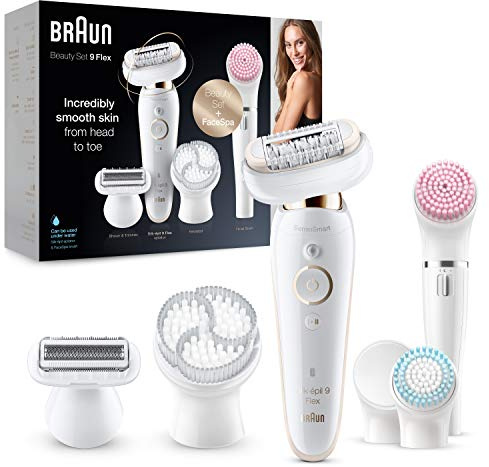 Braun Silk-épil 9 Flex Beauty-Set, Epilierer Damen / Haarentferner, FaceSpa Gesichtsreinigungsbürste, 9 Aufsätze, Tasche, mit flexiblem Kopf für einfachere Haarentfernung, 9100, weiß/gold