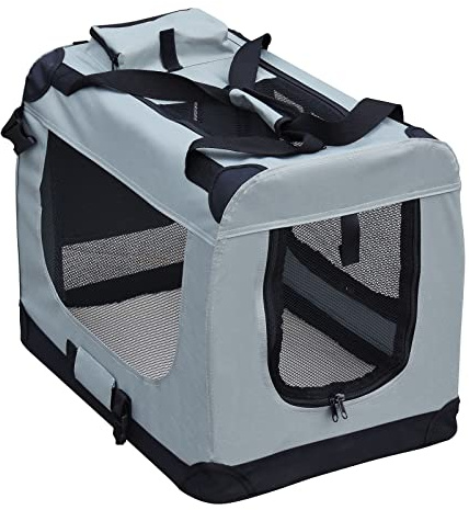 Fudajo Faltbare Transportbox für Hunde, Katzen S (50x35x35cm), robust, leicht, sicher, Hundebox mit Tragegriff und Decke, Grau