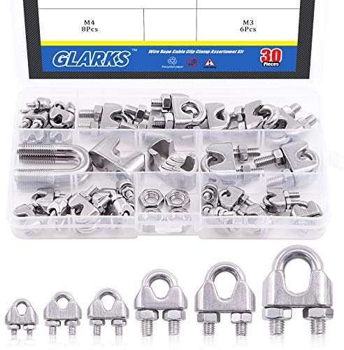 Glarks 30 Stück M2 M3 M4 M6 M8 M10 Drahtseilklemmen Sortiment Set 304 Edelstahl Drahtseilklemmen Kabelklemmen für Takelage Seil, Draht und Kabel