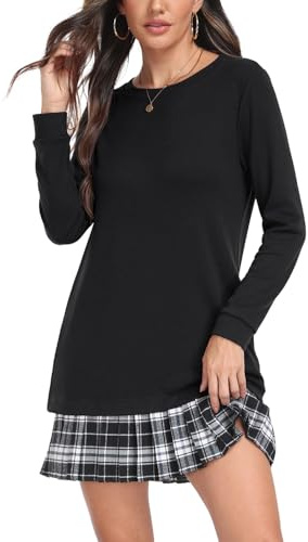 PrinStory Schwarz Kleider Für Damen Winter Faltenkleid Pulloverkleid Mit Taschen Elegant Schickes Minikleid (Schwarz, L)