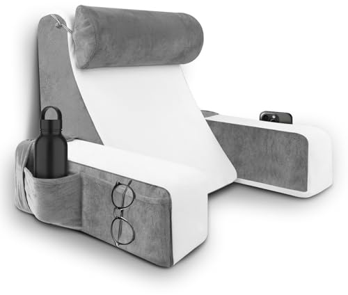 HOMCA Lesekissen für Bett und Sofa Bücherkissen mit Abnehmbarer Nackenrolle & Armlehne, Rückenkissen Bett, Wandkissen Multifunktions-Keilkissen zum Lesen, Arbeiten, Fernsehen (36x40x48cm)
