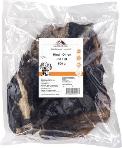 TACKENBERG 500 g Rinderohren mit Fell für Hunde - leckerer natürlicher Kausnack in Premiumqualität - schonend getrocknet - reines Naturprodukt zur Belohnung, als Snack oder Leckerli
