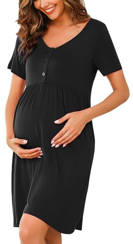 Bresdk Nachthemd Damen Schlafshirt Kurzarm Bamwolle Sommer Nachtwäsche mit Knopfleiste Schwarz M