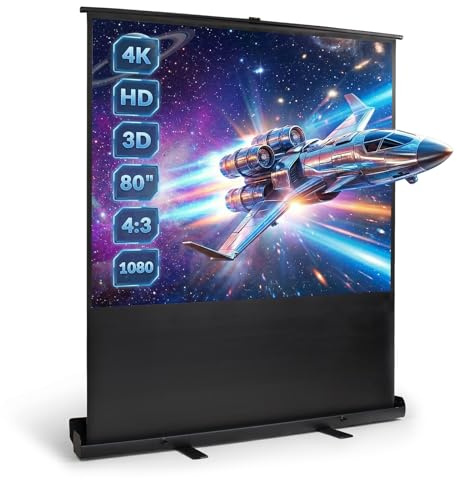 Todeco Beamerleinwand 80 Zoll, Tragbare Bodenleinwand, Schwarz | Format 4:3 und 16:9, Full HD, 4K & 3D, einziehbar, höhenverstellbar, keine Montage erforderlich