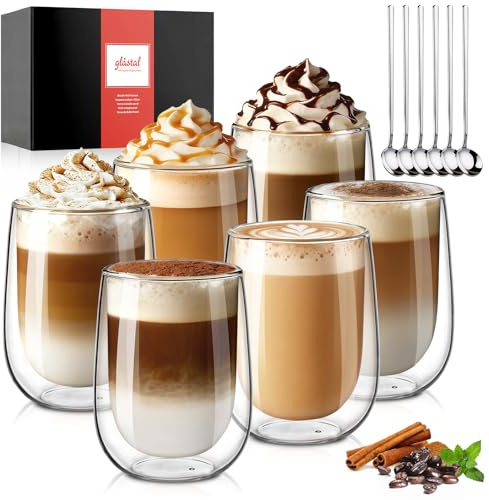 glastal 350ml Doppelwandige Latte Macchiato Gläser Set Borosilikatglas Kaffeetassen Glas 6er Set Kaffeeglas Teegläser für Cappuccino,Latte,Tee,EIS,Eistee,Iced Americano,Milch,Saft,Bier