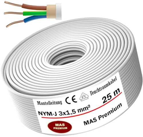MAS Premium Feuchtraumkabel Stromkabel 5-200m Mantelleitung NYM-J 3x1, 5 2,5 4 6 10 oder 5x1,5 2,5 4 6 10 16 Elektrokabel für feste Verlegung (NYM-J 3x1, 5 mm², 25m)