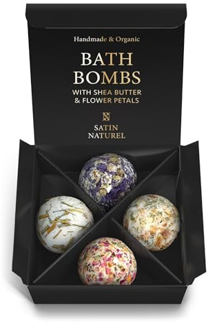 Satin Naturel 4 Luxuriöse BIO Badebomben Vegan – Für den Valentinstag – Wellness Geschenke für Frauen – Luxuriöse Badekugeln – Geschenkideen für Freundin & Ehefrau – Premium Edition