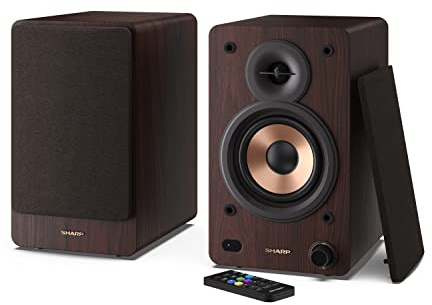 SHARP CP-SS30(BR) 60W RMS (2 x 30W) 2-Wege aktive Regallautsprecher – Kabellose Studiomonitore mit Bluetooth v5.0 Audiostreaming, USB-Wiedergabe, optischem Eingang, AUX- und RCA-Eingang – Braun