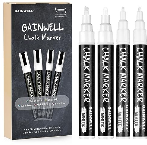 GAINWELL Weißer Flüssiger Kreidemarker 3mm und 6mm Spitzen – Verwendung auf Kreidetafel, Whiteboard, Glas – 4er Pack – Wasserbasierender Stift zum Abwaschen mit Feuchttuch