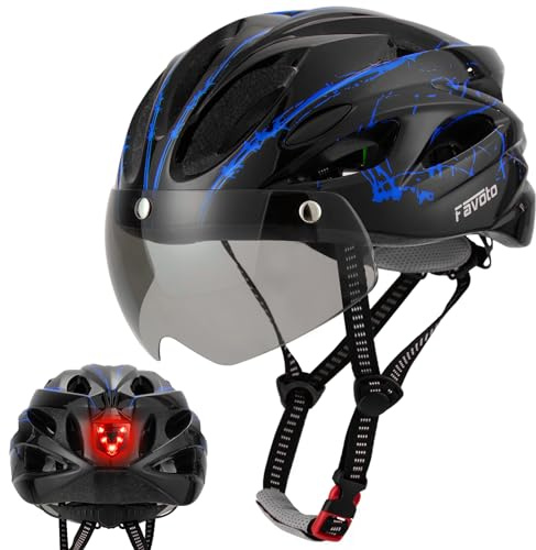 Favoto Fahrradhelm Herren mit Licht - Damenhelm Fahrradhelm Leichtgewicht Atmungsaktiv mit Brille Rücklicht Herausnehmbares Innenfutter EPS In-Mould-Technologie Verstellbar