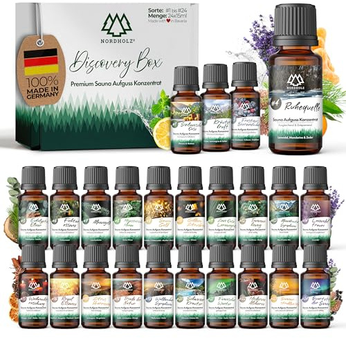 NORDHOLZ® Saunaaufguss Discovery Box 24x15ml [ #1-#24 NATURREINE ÄTHERISCHE ÖLE] Sauna Aufgussmittel - Sauna Aufguss aus Franken - Sauna Zubehör
