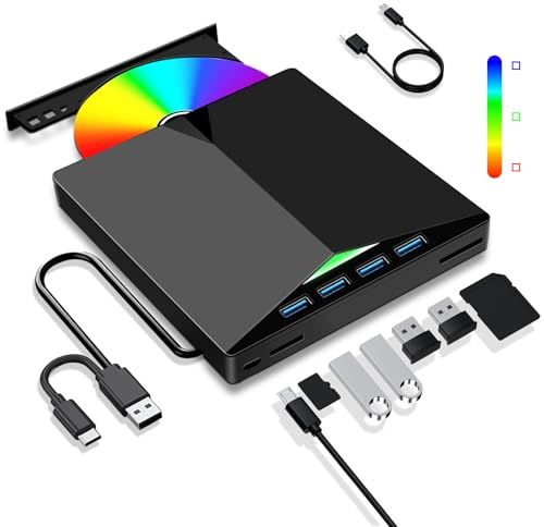 Dictien Externes CD DVD Laufwerk, Extern USB 3.0 Type-C mit SD/TF-Kartenleser Tragbar CD/DVD +/-RW Brenner, Schnelle Datenübertragung für PC Laptop Desktop Win11/10/8/7/XP, Linux,Mac OS,Vista