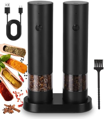 Cexovo 2er Set Salz und Pfeffer Mühle Elektrisch Salz und Pfeffermühlen Set Automatische Pfeffermühle, Einstellbarer Grobheit Gewürzmühle, mit Reinigungsbürste, Basis, für BBQ Restaurant Küche