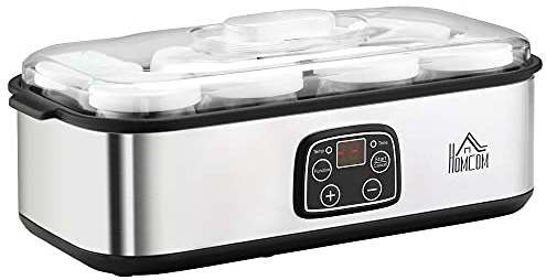HOMCOM Joghurtbereiter Griechische Joghurtmaschine mit Deckel, 8 BPA-freier Glas-Innenbehälter à 180 ml, Joghurt Maker mit LCD Display Timer, für bis zu 1,4 Liter Joghurt 25 W Silber