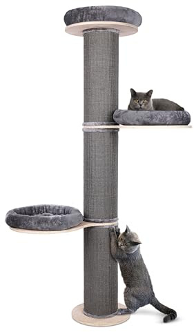 PET VIOLET Kratzbaum wandmontiert 185 cm hoch, XXL Katzenbaum Premium Sisal Säulen, 3 Plattformen Kissen abnehmbar & waschbar I Stabiler & Platzsparender Katzenkratzbaum, Grau