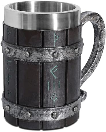 SGZIOO Holzkrug Mittelalter, Bierkrug Holz mit Edelstahl, 600ml Fass Retro Krug Holzfass, Rune Beer Mug für Kaffee/Getränke/Saft, Geschenk für Männer, Vatertagsgeschenk