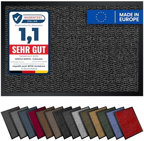 Gentle North Hochwertige Fußmatte grau schwarz 60x90cm groß für Innen & Außen - Schmutzfangmatte rutschfest, waschbar & wetterfest - für Eingangsbereich & Aussenbereich - Läufer Flur dünn