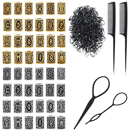 48 Wikinger Bartperlen Männer Bartschmuck Flechten Runenperlen Nordische | Bartperlen zum Klipsen mit 2 Haarnadel, 2 Kamm, 1000 Gummiband für Bart Flechten Haar Zöpfe Armband Halskette Schmuck