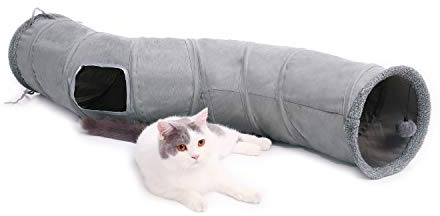 OHANA Großer Katzentunnel S-Form, Faltbares Spielrohr, Ø27×117cm | Hängender Ball und 2 Gucklöcher, für Hauskatzen und Kaninchen, Wildleder und Kunstfell, Grau
