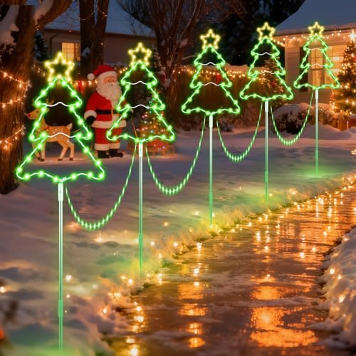 MaxEarn 5x Weihnachtsbaum Lichterketten Außen, 250LED Weihnachtsbeleuchtung | 2-in-1 Leuchtstäbe & Hängedeko, 8 Modi mit Timer, IP44 Wasserdicht, Gartenstecker mit 5 m Kabel für Garten, Weg & Balkon