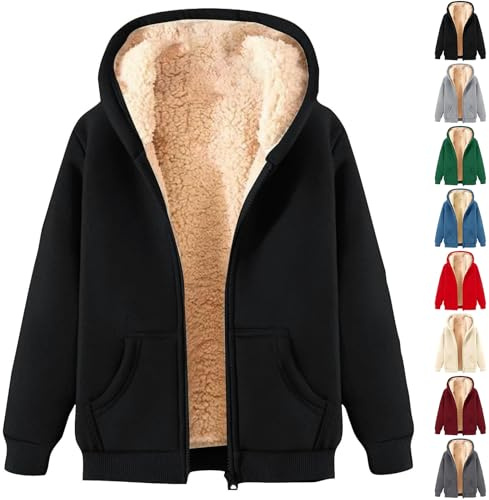 ZTFYKLIN Fleecejacke Damen Hoodie Kapuzenpullover Mit Zipper, Fleecepullover Dick Warm Basic Sweatjacke Kapuze, Winterjacke Einfarbig Hooded Reißverschluss (Black, M)